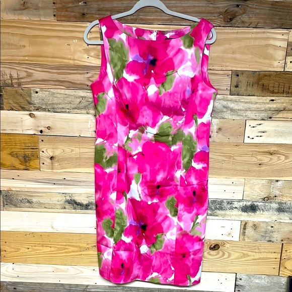 Jones New York size 10 Pink and Green Floral Midi Stretchy Sleeveless Dress - Picture 1 of 9